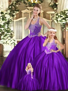 Floor Length Purple Ball Gown Prom Dress Organza Sleeveless Beading