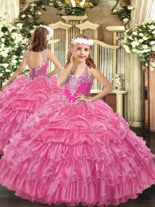 V-neck Sleeveless Lace Up Pageant Gowns For Girls Rose Pink Organza