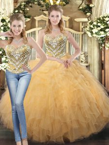 Popular Floor Length Lace Up Quinceanera Dress Champagne for Military Ball and Sweet 16 and Quinceanera with Beading and Ruffles