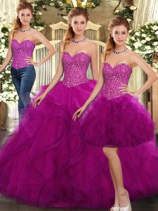 Elegant Fuchsia Lace Up Sweet 16 Dress Beading and Ruffles Sleeveless Floor Length