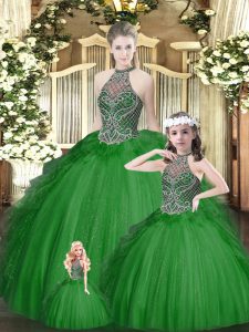 Fabulous Halter Top Sleeveless Tulle Vestidos de Quinceanera Beading and Ruffles Lace Up