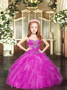 Elegant Spaghetti Straps Sleeveless Lace Up Pageant Dress Wholesale Fuchsia Tulle