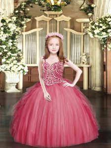 Amazing Ball Gowns Little Girls Pageant Gowns Coral Red Spaghetti Straps Tulle Sleeveless Floor Length Lace Up