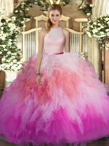 Floor Length Multi-color Sweet 16 Dresses Tulle Sleeveless Beading and Ruffles