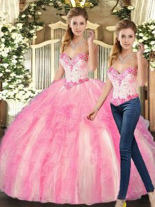 Rose Pink Sleeveless Floor Length Beading and Ruffles Lace Up Sweet 16 Dress