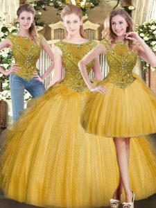 Floor Length Gold Quinceanera Gown Tulle Sleeveless Beading and Ruffles