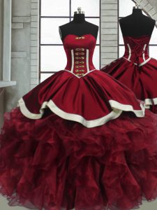 Vintage Red Organza Lace Up Quinceanera Dresses Sleeveless Floor Length Beading and Ruffles