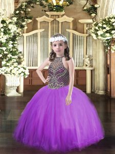 Pretty Floor Length Eggplant Purple Evening Gowns Tulle Sleeveless Beading