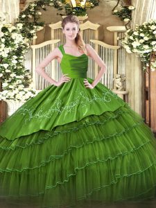 Modern Olive Green Sleeveless Floor Length Embroidery and Ruffled Layers Zipper Quince Ball Gowns
