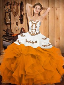 Floor Length Gold Quinceanera Dress Satin and Organza Sleeveless Embroidery and Ruffles