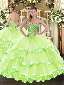 Custom Fit Yellow Green Sleeveless Floor Length Beading and Ruffled Layers Lace Up Quinceanera Gowns