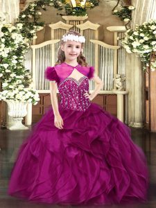 Straps Sleeveless Lace Up Girls Pageant Dresses Fuchsia Organza