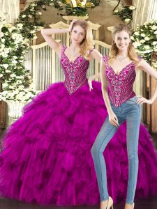 Hot Sale Fuchsia Organza Lace Up Quinceanera Dress Sleeveless Floor Length Beading and Ruffles
