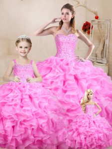 Floor Length Ball Gowns Sleeveless Rose Pink Quinceanera Dresses Lace Up