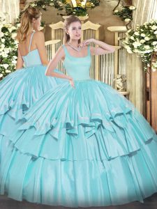 Organza and Taffeta Straps Sleeveless Zipper Beading and Ruffled Layers Sweet 16 Dress in Aqua Blue