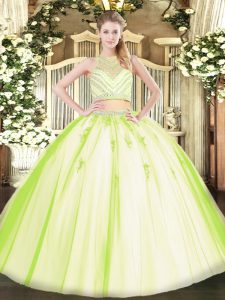 Sleeveless Tulle Floor Length Zipper Quinceanera Gowns in Yellow Green with Beading