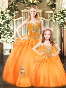 Pretty Floor Length Orange Red Sweet 16 Quinceanera Dress Tulle Sleeveless Beading and Ruffles