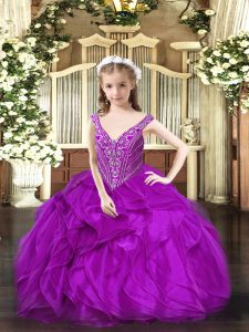 Sleeveless Organza Floor Length Lace Up Custom Made Pageant Dress in Purple with Beading and Ruffles