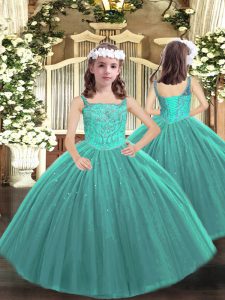 High Quality Teal Lace Up Straps Beading Custom Made Pageant Dress Tulle Sleeveless