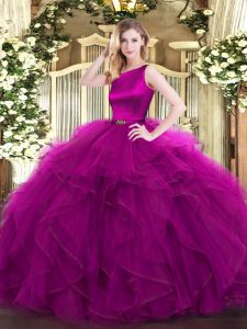 Scoop Sleeveless Sweet 16 Dress Floor Length Ruffles Fuchsia Organza