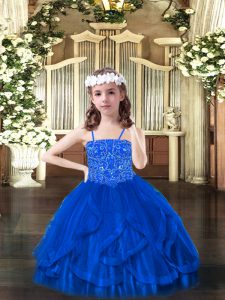 Blue Lace Up Spaghetti Straps Beading and Ruffles Pageant Dress for Womens Tulle Sleeveless