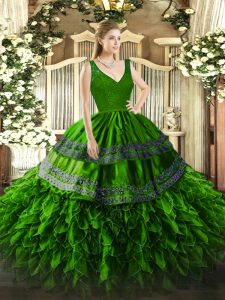 Ideal Beading and Lace and Ruffles Ball Gown Prom Dress Green Backless Sleeveless Floor Length
