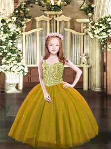 Fantastic Brown Tulle Lace Up Little Girl Pageant Dress Sleeveless Floor Length Beading