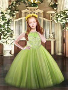 Scoop Sleeveless High School Pageant Dress Floor Length Beading Yellow Green Tulle