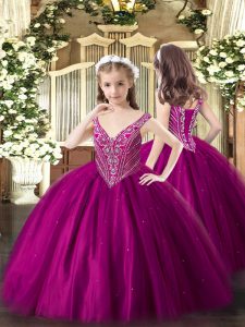 Cheap Fuchsia Ball Gowns Tulle V-neck Sleeveless Beading Floor Length Lace Up Little Girls Pageant Gowns