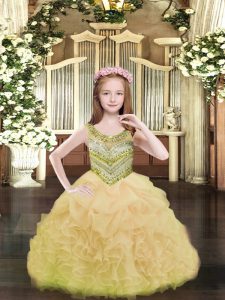 Custom Design Organza Sleeveless Floor Length Child Pageant Dress and Beading and Ruffles and Pick Ups