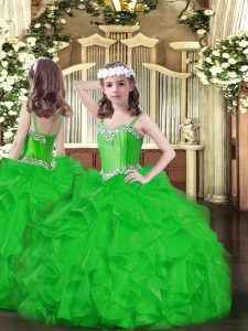 Floor Length Green Little Girls Pageant Dress Organza Sleeveless Beading and Ruffles