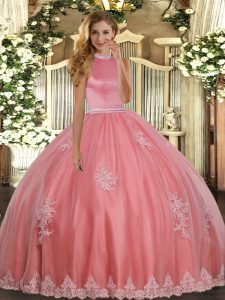 Coral Red Tulle Backless Quinceanera Dresses Sleeveless Floor Length Beading and Appliques