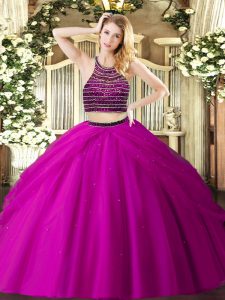 Discount Fuchsia Ball Gowns Halter Top Sleeveless Tulle Floor Length Zipper Beading and Ruching Quinceanera Gown