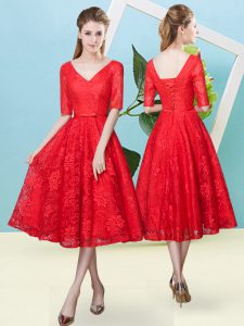 Super V-neck Half Sleeves Damas Dress Tea Length Bowknot Red Lace