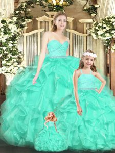 Apple Green Sweet 16 Quinceanera Dress Military Ball and Sweet 16 and Quinceanera with Lace and Ruffles Sweetheart Sleeveless Lace Up