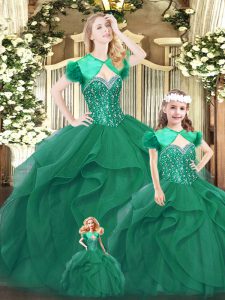 Cheap Turquoise Ball Gowns Organza Sweetheart Sleeveless Beading and Ruffles Floor Length Lace Up 15 Quinceanera Dress