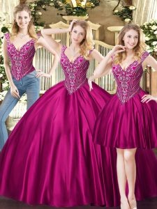Charming V-neck Sleeveless Tulle Ball Gown Prom Dress Beading Lace Up