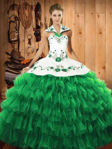 Glamorous Halter Top Long Sleeves 15 Quinceanera Dress Floor Length Embroidery and Ruffled Layers Green Satin and Organza