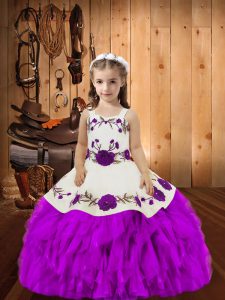 Purple Ball Gowns Straps Sleeveless Organza Floor Length Lace Up Embroidery and Ruffles High School Pageant Dress