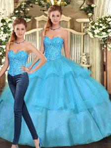 Floor Length Two Pieces Sleeveless Aqua Blue Quinceanera Gowns Lace Up