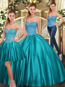 High End Teal Sleeveless Floor Length Beading Lace Up Quinceanera Gown