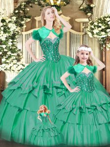 Superior Beading and Ruffled Layers Quinceanera Dresses Turquoise Lace Up Sleeveless Floor Length