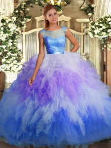 Sweet Multi-color Organza Backless Quinceanera Dress Sleeveless Floor Length Lace and Ruffles