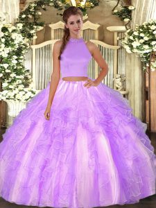 Lavender Organza Backless Quinceanera Dresses Sleeveless Floor Length Beading and Ruffles