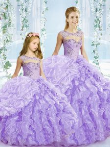 Edgy Floor Length Lace Up 15th Birthday Dress Lavender for Military Ball and Sweet 16 and Quinceanera with Beading and Ruffles