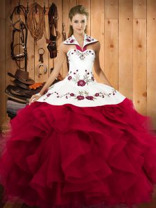 Elegant Sleeveless Floor Length Embroidery and Ruffles Lace Up 15th Birthday Dress with Red
