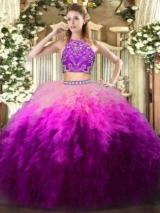 Fantastic High-neck Sleeveless Zipper Quinceanera Gown Multi-color Tulle