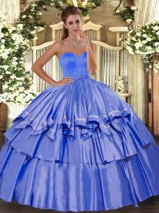Dramatic Blue Sleeveless Taffeta Lace Up Quinceanera Gown for Military Ball and Sweet 16 and Quinceanera