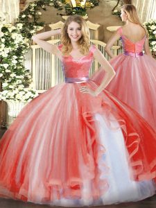 Ball Gowns Quince Ball Gowns Watermelon Red V-neck Organza Sleeveless Floor Length Zipper