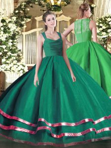 Exceptional Dark Green Organza Zipper Straps Sleeveless Floor Length Sweet 16 Dresses Ruffled Layers and Ruching
